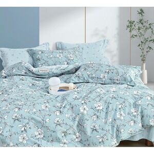 Dazzled Dreams Blue Floral 100% Cotton Comforter Set Queen Shabby Chic French